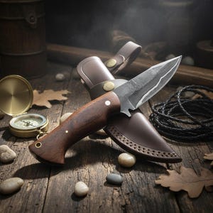 May include: A handcrafted hunting knife with a dark wooden handle and a leather sheath. The blade is made of steel. The knife is resting on a wooden surface with a compass, rocks, and leaves.