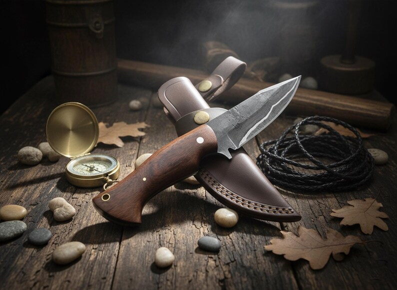 May include: A handcrafted hunting knife with a dark wooden handle and a leather sheath. The blade is made of steel. The knife is resting on a wooden surface with a compass, rocks, and leaves.