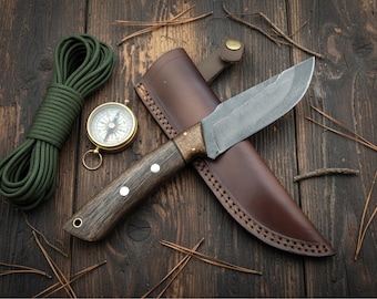 Handmade 1095 High Carbon Steel Hunting Knife – Acid Washed Fixed Blade, Walnut Handle