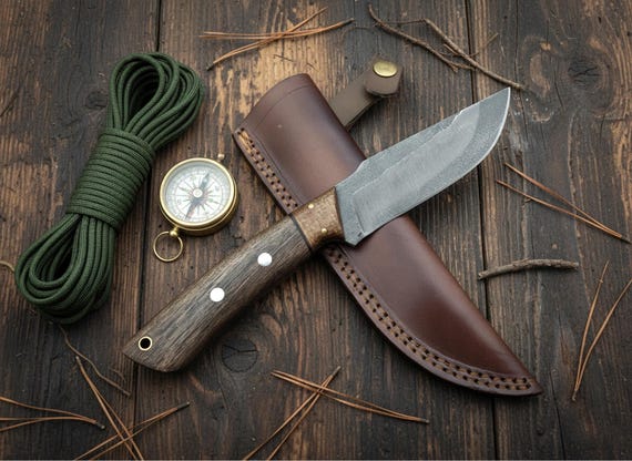 Handmade 1095 High Carbon Steel Hunting Knife – Acid Washed Fixed Blade, Walnut Handle