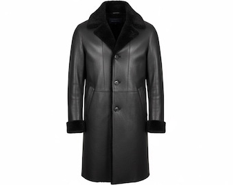 Men's Black Shearling Lambskin Leather Coat: Vintage 3/4 Length