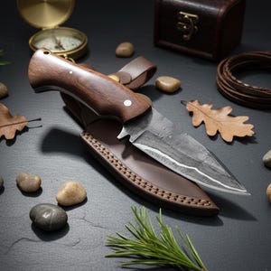 May include: A handcrafted hunting knife with a dark wooden handle and a leather sheath. The blade has a textured finish. The knife is displayed with a compass, small stones, and a leather cord, suggesting an outdoor theme.
