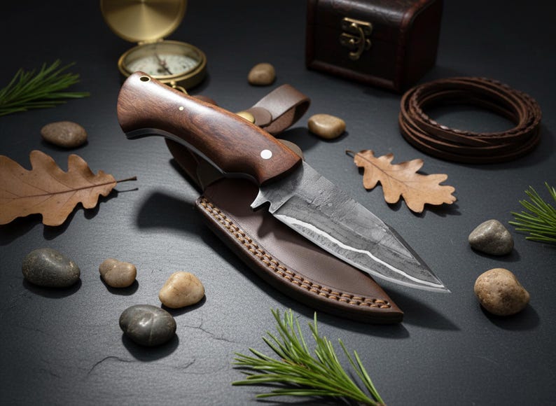 May include: A handcrafted hunting knife with a dark wooden handle and a leather sheath. The blade has a textured finish. The knife is displayed with a compass, small stones, and a leather cord, suggesting an outdoor theme.