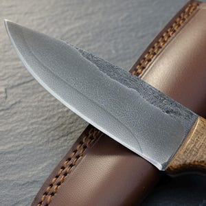 May include: Close-up of a handcrafted knife with a textured, gray blade and a wooden handle. The knife rests on a brown leather sheath with decorative stitching. The blade has a rustic, worn appearance.