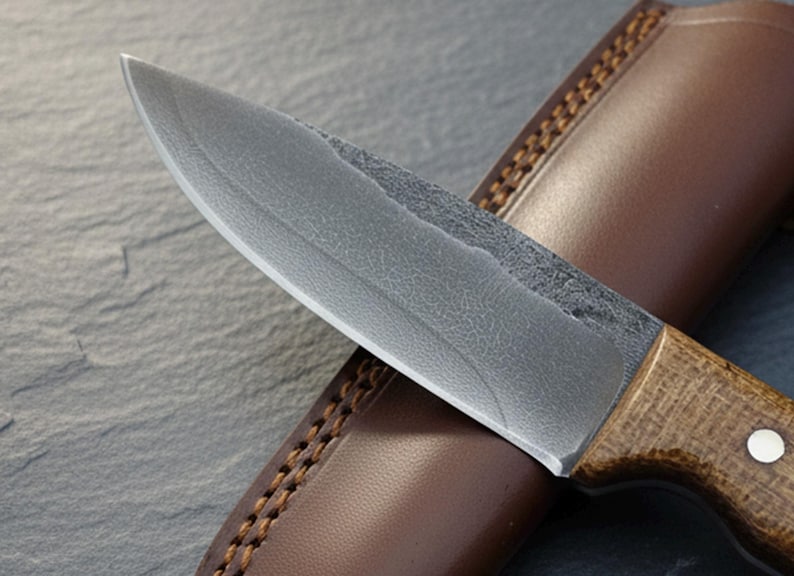 May include: Close-up of a handcrafted knife with a textured, gray blade and a wooden handle. The knife rests on a brown leather sheath with decorative stitching. The blade has a rustic, worn appearance.