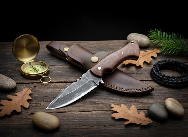 May include: A hunting knife with a dark wooden handle and a leather sheath. The blade has a serrated edge. A vintage compass and other outdoor accessories are arranged on a wooden surface.