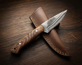 Handmade Damascus Steel Skinner Knife | San Mai, Oak Wood Handle
