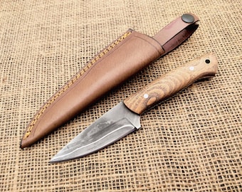 Handmade Damascus Steel Hunting Knife | Oak Wood Handle, Fixed Blade