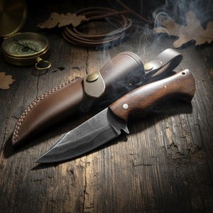 May include: A hunting knife with a dark blade and a wooden handle, resting on a weathered wooden surface, next to a leather sheath. A compass and oak leaves complete the rustic scene. The knife's blade has a dark finish.