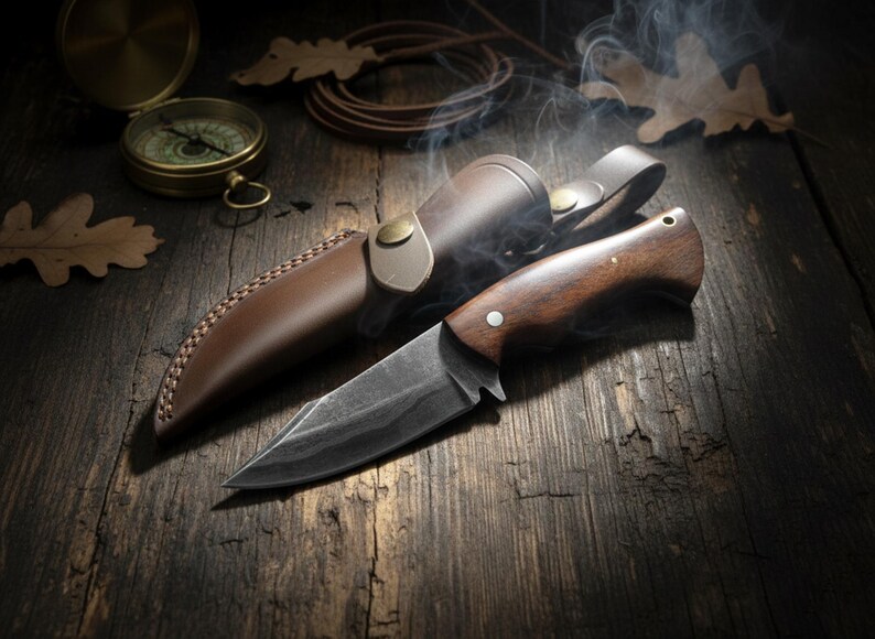 May include: A hunting knife with a dark blade and a wooden handle, resting on a weathered wooden surface, next to a leather sheath. A compass and oak leaves complete the rustic scene. The knife's blade has a dark finish.