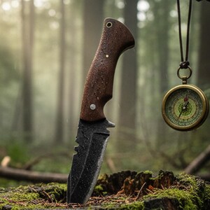 May include: A survival knife with a dark blade is embedded in a mossy tree stump. The knife has a brown handle. A vintage compass hangs nearby. The background is a blurred forest scene.