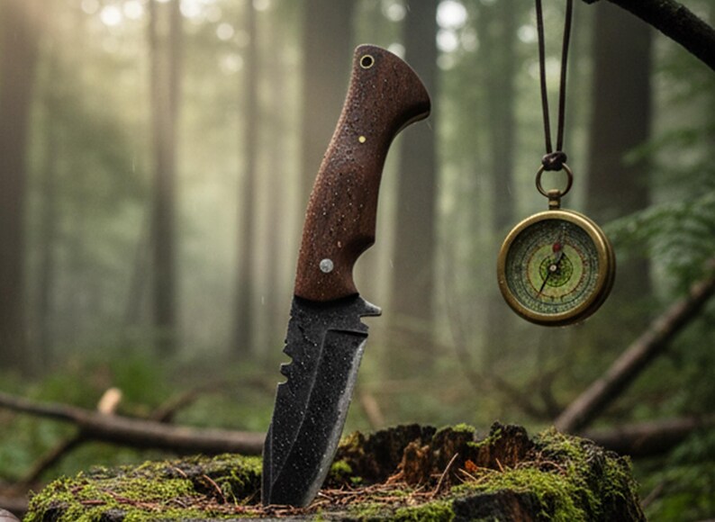May include: A survival knife with a dark blade is embedded in a mossy tree stump. The knife has a brown handle. A vintage compass hangs nearby. The background is a blurred forest scene.