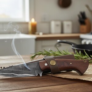May include: A kitchen knife with a dark, textured blade and a wooden handle, held by a leather strap. Smoke rises from the blade. The knife rests on a wooden surface, with herbs and a cast iron pan in the background. The knife is likely for culinary use.