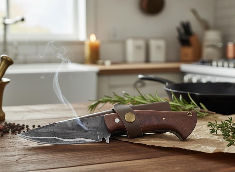 May include: A kitchen knife with a dark, textured blade and a wooden handle, held by a leather strap. Smoke rises from the blade. The knife rests on a wooden surface, with herbs and a cast iron pan in the background. The knife is likely for culinary use.