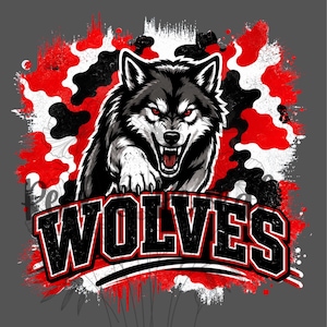 May include: A graphic design featuring a snarling wolf with red eyes and bared teeth, positioned above the word WOLVES in bold black letters with red outlines. The background consists of a distressed, splattered pattern in red, black, and white.