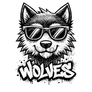 Peut inclure: Illustration en noir et blanc d'un loup portant des lunettes de soleil. Le mot "WOLVES" est écrit en style graffiti en dessous. L'image dégage une ambiance cool et rebelle.
