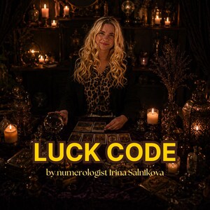May include: A person with long blonde hair sits at a dark table with tarot cards and a crystal ball, surrounded by lit candles. The text LUCK CODE by numerologist Irina Salnikova is displayed in yellow and white lettering over the dark scene.