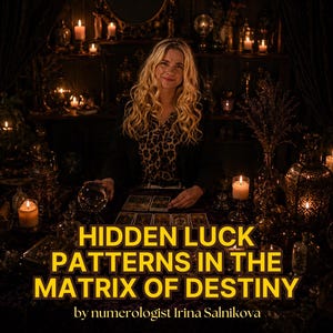 May include: A person with long blonde hair sits at a table with tarot cards, a crystal ball, and lit candles. The text reads: HIDDEN LUCK PATTERNS IN THE MATRIX OF DESTINY by numerologist Irina Salnikova. The scene is dimly lit with warm candle glow.