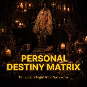 Puede incluir: Una persona con cabello rubio largo sentada en una mesa oscura con velas, una bola de cristal y cartas de tarot. El texto dice PERSONAL DESTINY MATRIX by numerologist Irina Salnikova. La escena está tenuemente iluminada con luz cálida.