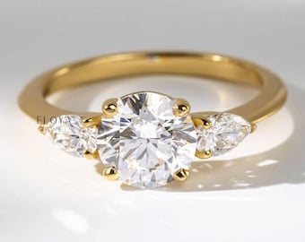 Round Cut Moissanite Ring For Women, Engagement Side Stone Pear Cut Ring, 1.9Ct Moissanite, Wedding Promise Ring, Gift For Wife, Silver Ring