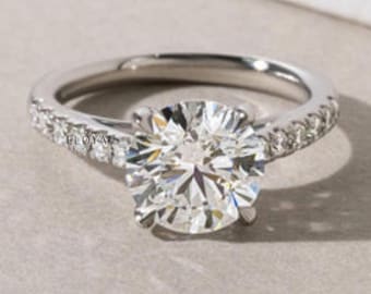 1.4 CT Round Moissanite Engagement Ring, Cathedral Set Solitaire Wedding Ring, Unique Bridal Ring, Half Eternity Promise Ring, Gift For Her