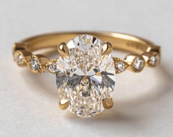 14K Yellow Gold Plated, Engagement Moissanite Rings For Women, 2.7 Ct Oval Moissanite, Wedding Solitaire With Accents Ring, Engagement Gifts