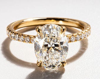 Elongated Oval Cut Engagement Ring, Wedding Hidden Halo Ring, 2.2 Ct Moissanite Ring, 14K Yellow Gold Plated, Anniversary Gifts For Wife