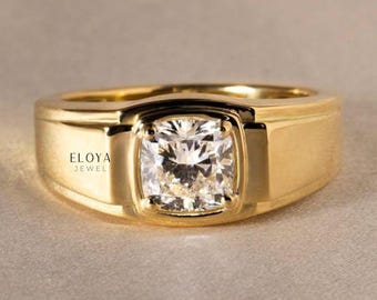 Men's Engagement Solitaire Ring, 14K YellowGoldPlated, Men's Wedding Statement Ring, 1.6 Ct Cushion Cut Moissanite, Handmade Jewelry For Her