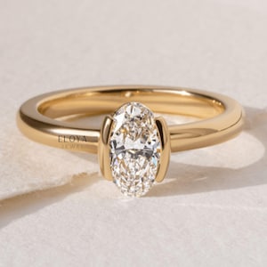 Minimalist Engagement Solitaire Ring, 1.5 Ct Oval Moissanite, Wedding Half Bezel Set Ring, 14K Yellow Gold Plated, Handmade Jewelry For Her