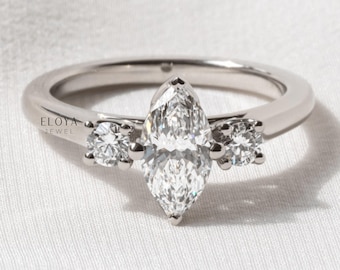 1.9 Ct Marquise Cut Three Stone Ring, 14k Gold Plated, Moissanite Ring Round Side Stone Classy Wedding Ring, Daily Wear Jewelry Gift For Her