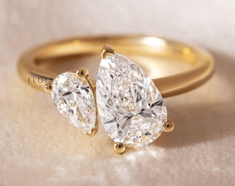 Double Stone Wedding Moissanite Ring, Pear 3.5 Ct Moissanite, Engagement Toi Et Moi Ring, 14K Yellow Gold Plated, Anniversary Gifts For Her