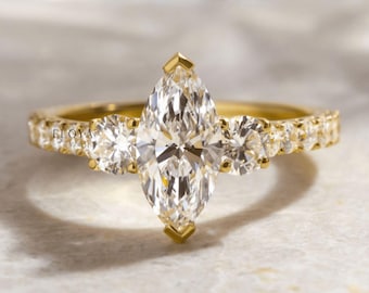 Moissanite Engagement Ring, 1.8 CT Marquise Three Stone Ring, Sterling Silver Ring for Women, Moissanite Engagement Ring Eloyajewels