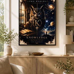 Op de afbeelding: Een rechthoekige wandkunstprint in een zwarte lijst met een gespleten compositie. De linkerkant toont een bibliotheek met een open boek en een wereldbol. De rechterkant toont een sterrenstelsel met planeten. Een centrale uil zit tussen de twee scènes met de letter K.