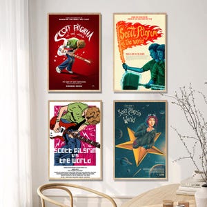 May include: Four framed movie posters featuring the film "Scott Pilgrim vs. the World." The posters have a variety of colorful illustrations and text, including the film's title and character art. The posters are displayed on a wall.