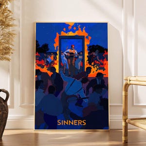 Peut inclure: Une impression d'art encadrée avec une illustration stylisée et vibrante. L'œuvre représente un musicien jouant de la guitare dans une porte encadrée de flammes, avec des personnages au premier plan. Le mot "SINNERS" est affiché en or en bas de l'impression.