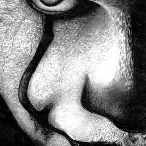 May include: A black and white charcoal drawing depicting a close-up of a face with heavy shading. The artwork features a prominent dark line extending vertically from the eye down the cheek, with detailed skin texture and intense eye focus.