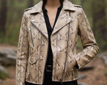 Womens Snakeskin Leather Jacket, Handmade Python Print Moto Biker Jacket, Genuine Leather Streetwear Coat, Edgy Fashion Gift For Her