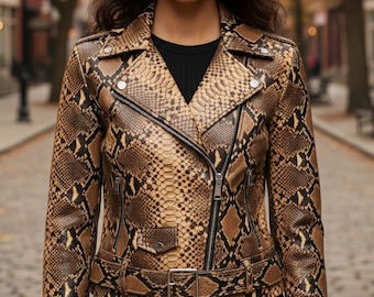 Handgefertigte Schlangenleder Bikerjacke - Python Print Moto Mantel