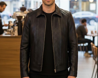 Men's Python Leather Jacket, Men's Black Python Embossed