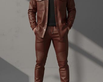 Chándal de cuero burdeos para hombre, hecho a mano. Conjunto de camisa y jogger de motociclista de piel de cordero auténtica. Conjunto de dos piezas de cuero rojo vino de lujo.