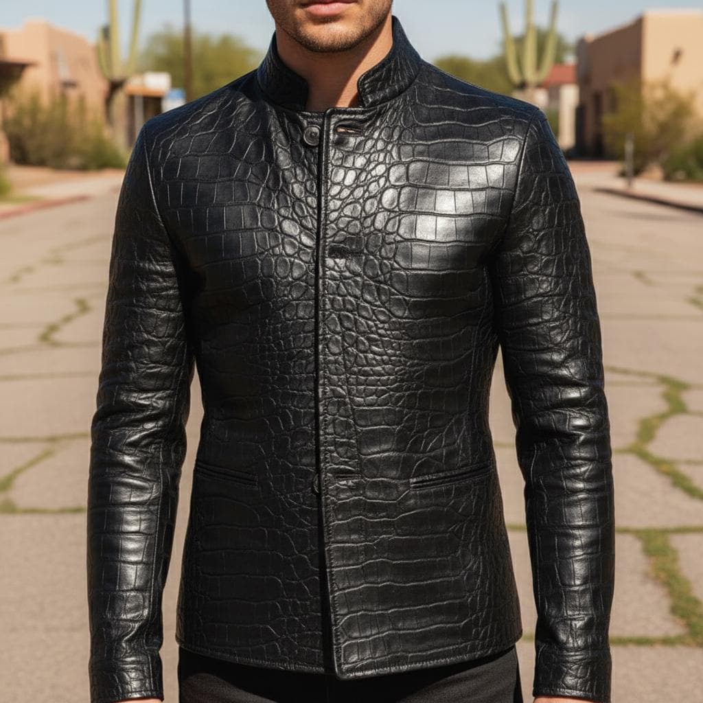 Men's Exotic Crocodile Embossed Leather Jacket | Mandarin Collar