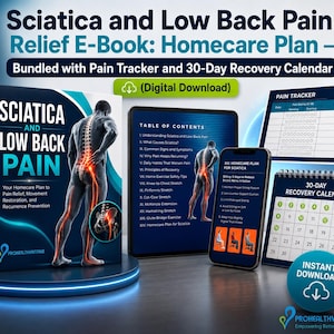 May include: A digital e-book titled Sciatica and Low Back Pain Relief Homecare Plan, bundled with a pain tracker and a 30-day recovery calendar. The cover features a human figure with a highlighted spine and lower back, plus a table of contents.