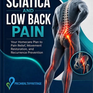 Può includere: Una copertina di libro intitolata Sciatica and Low Back Pain: Your Homecare Plan to Pain Relief, Movement Restoration, and Recurrence Prevention. Presenta un'illustrazione anatomica con un nervo rosso brillante lungo la colonna e la gamba.