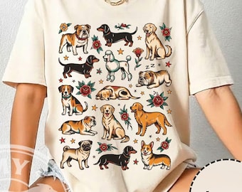 Unisex Hunde Tattoo Flash T-Shirt Comfort Colors 1717 Niedliche Hunde Grafik-T-Shirt