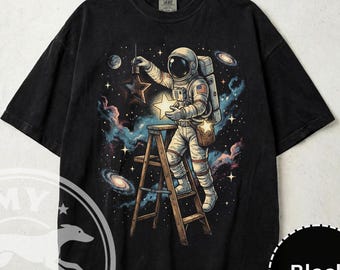 Astronaut Grafik-Shirt, Komfort Farben 1717 Vintage Weltraum T-Shirt, Retro Galaxie ästhetisches T-Shirt, Unisex Himmlisches Weltraum Geschenk