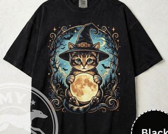 T-Shirt Hexe Katze mit Mond | Halloween Katzen Illustration