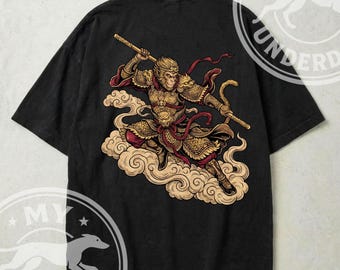 Camiseta com ilustração do Rei Macaco Sun Wukong | Arte mítica de guerreiro nas nuvens, camiseta unissex