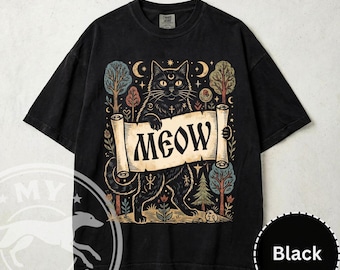 Gothic Katze Miau Shirt Komfort Farben 1717 Unisex Witchy Himmlische Schwarze Katze T-Shirt Mystisch Okkult