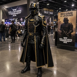May include: A black and gold full-body costume featuring a long coat with structured shoulders, a matching helmet with a dark visor, and a belt with a skull emblem. The chest and shoulders display winged skull insignias. The outfit includes black gloves and boots.