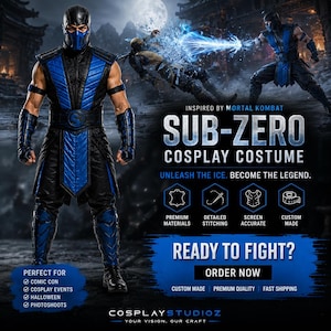 Könnte beinhalten: Ein blau-schwarzes Sub-Zero Cosplay-Kostüm mit Maske, gesteppter Weste, Armschienen und Beinschutz. Der Text lautet: Inspired by Mortal Kombat, Sub-Zero Cosplay Costume, Unleash the ice. Become the legend. Ready to fight? Order now.